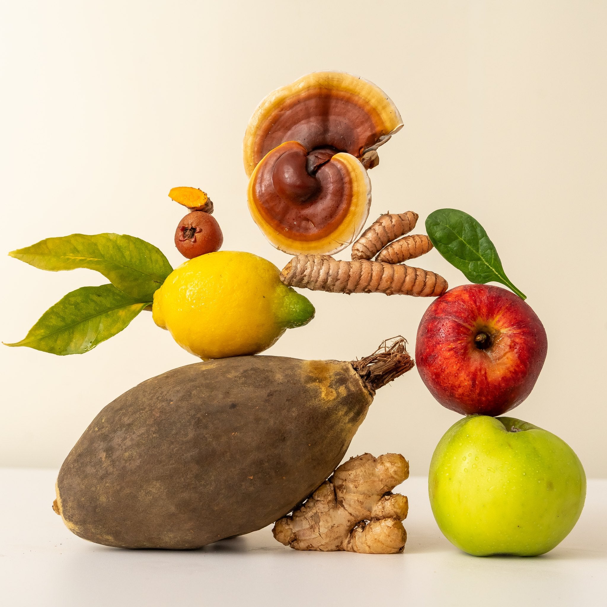 Balanced stack of Releaf hero ingredients - baobab, lemon, reishi, turmeric, ginger and apples