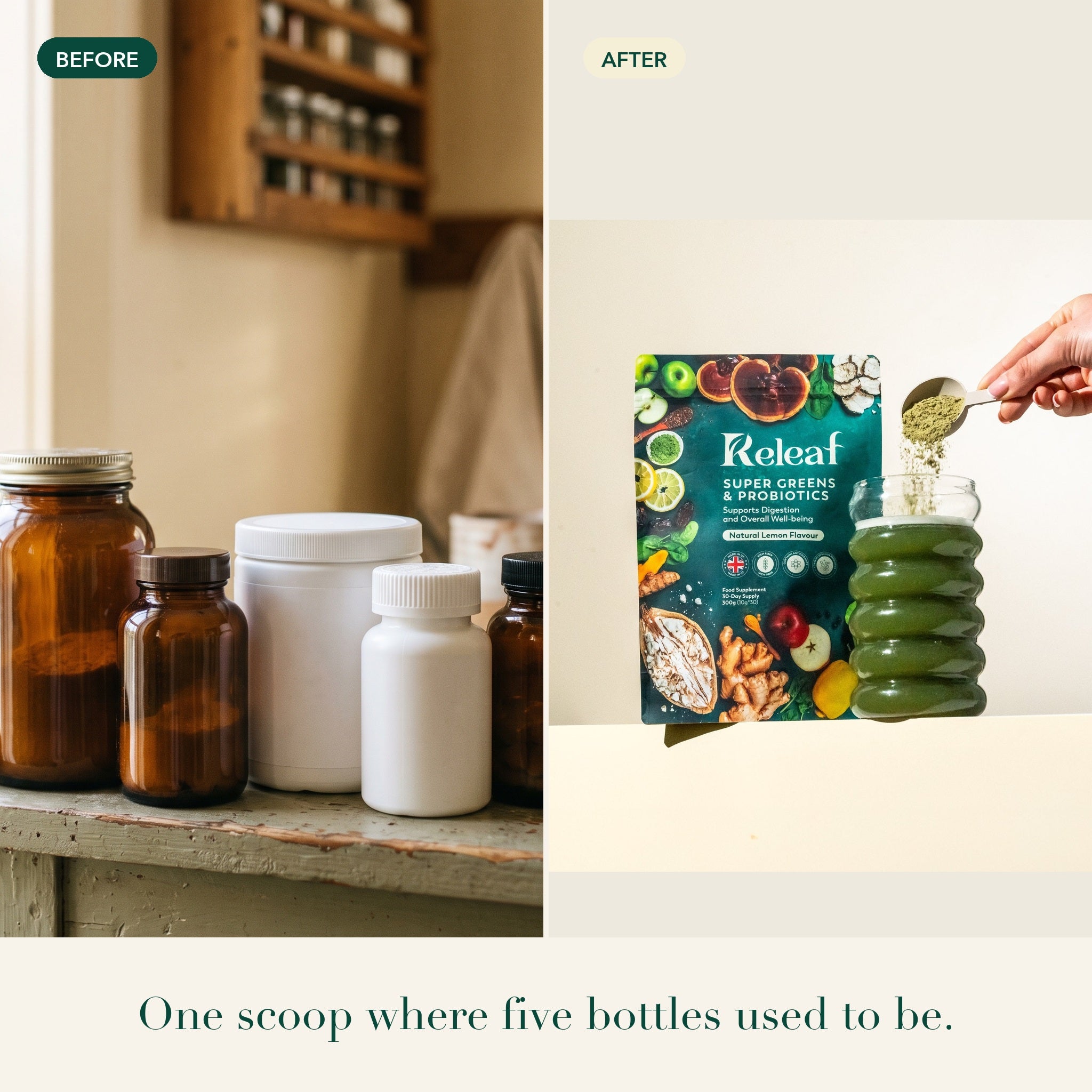 Before and after: five supplement bottles on a shelf, replaced by one Releaf pouch and a glass