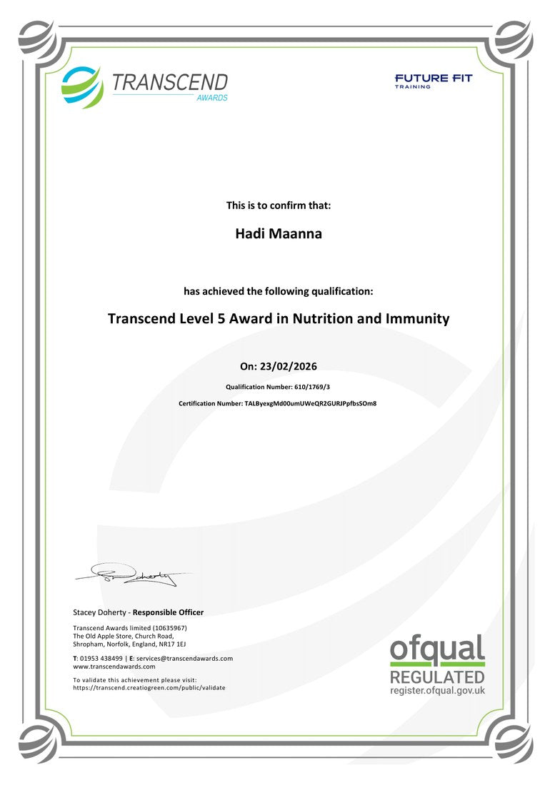 Level 5 Award in Nutrition and Immunity certificate awarded to Hadi Maanna