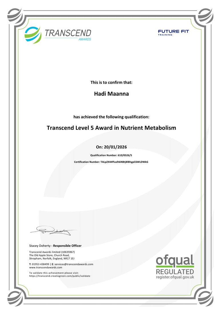 Level 5 Award in Nutrient Metabolism certificate awarded to Hadi Maanna