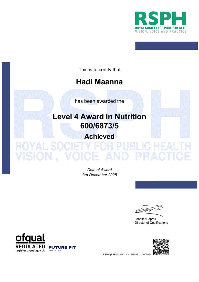 RSPH Level 4 Award in Nutrition certificate awarded to Hadi Maanna
