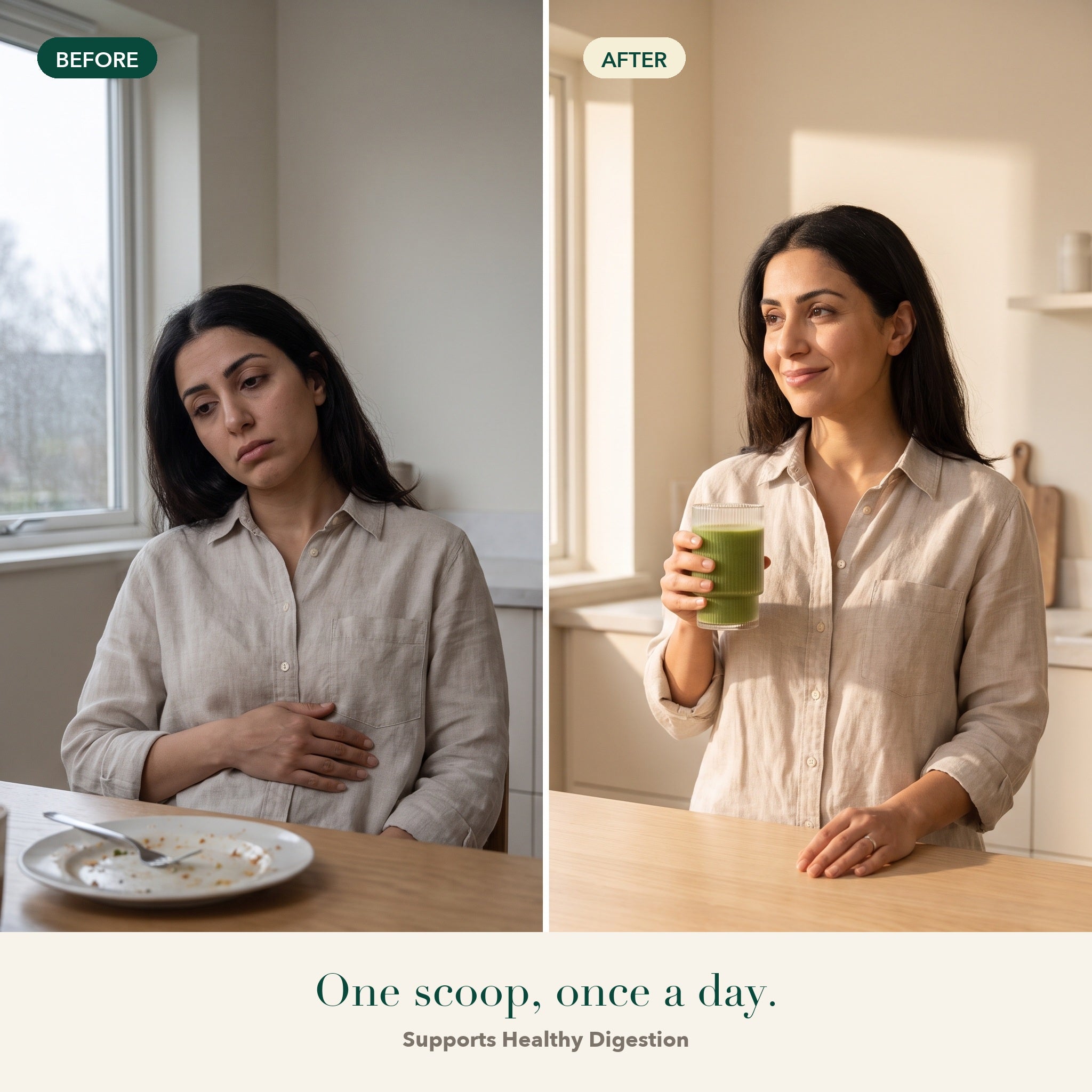 Split image: the same woman uncomfortable after lunch on the left, relaxed and holding a glass of Releaf greens on the right