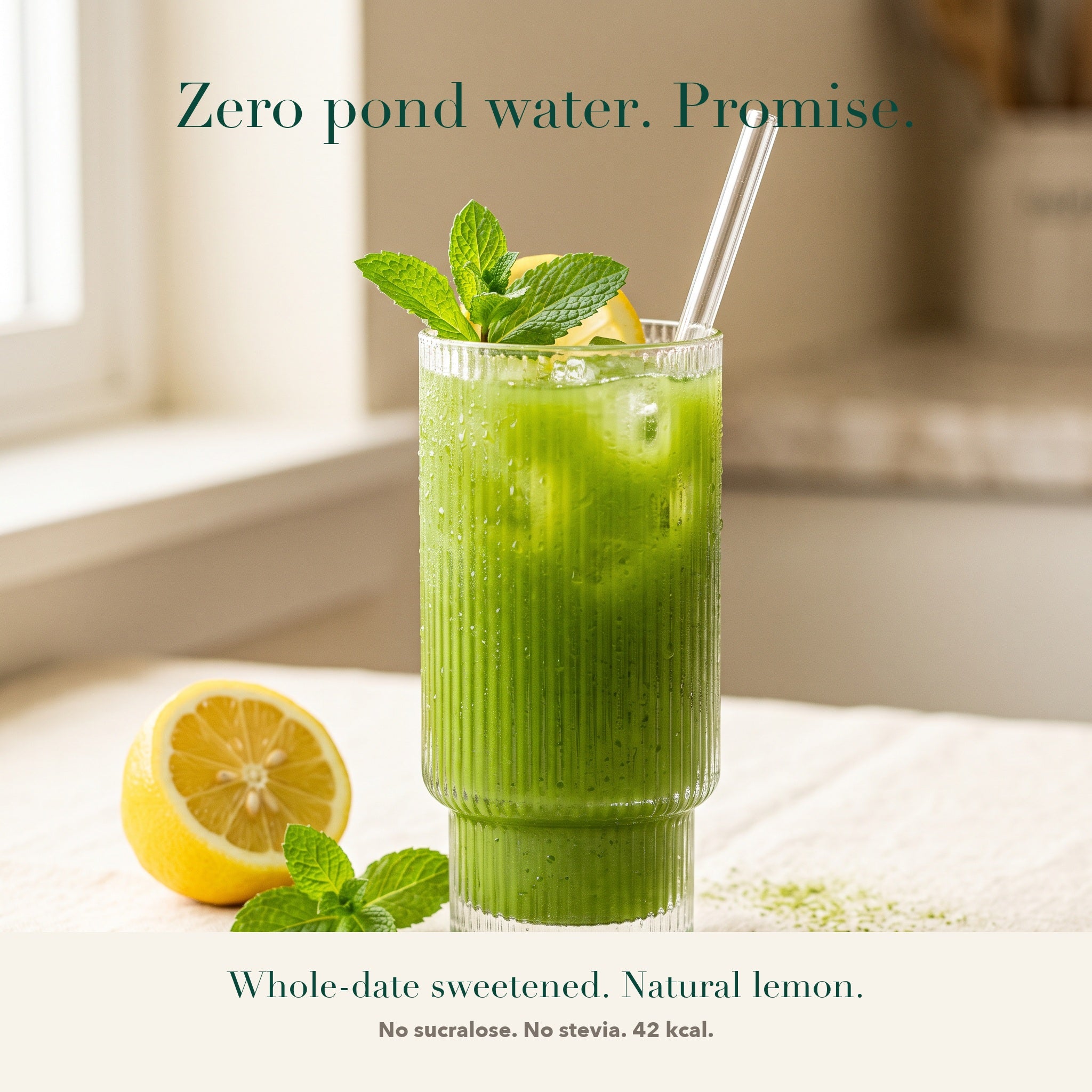 A fresh glass of Releaf greens with lemon and mint. Zero pond water, whole-date sweetened, no sucralose or stevia