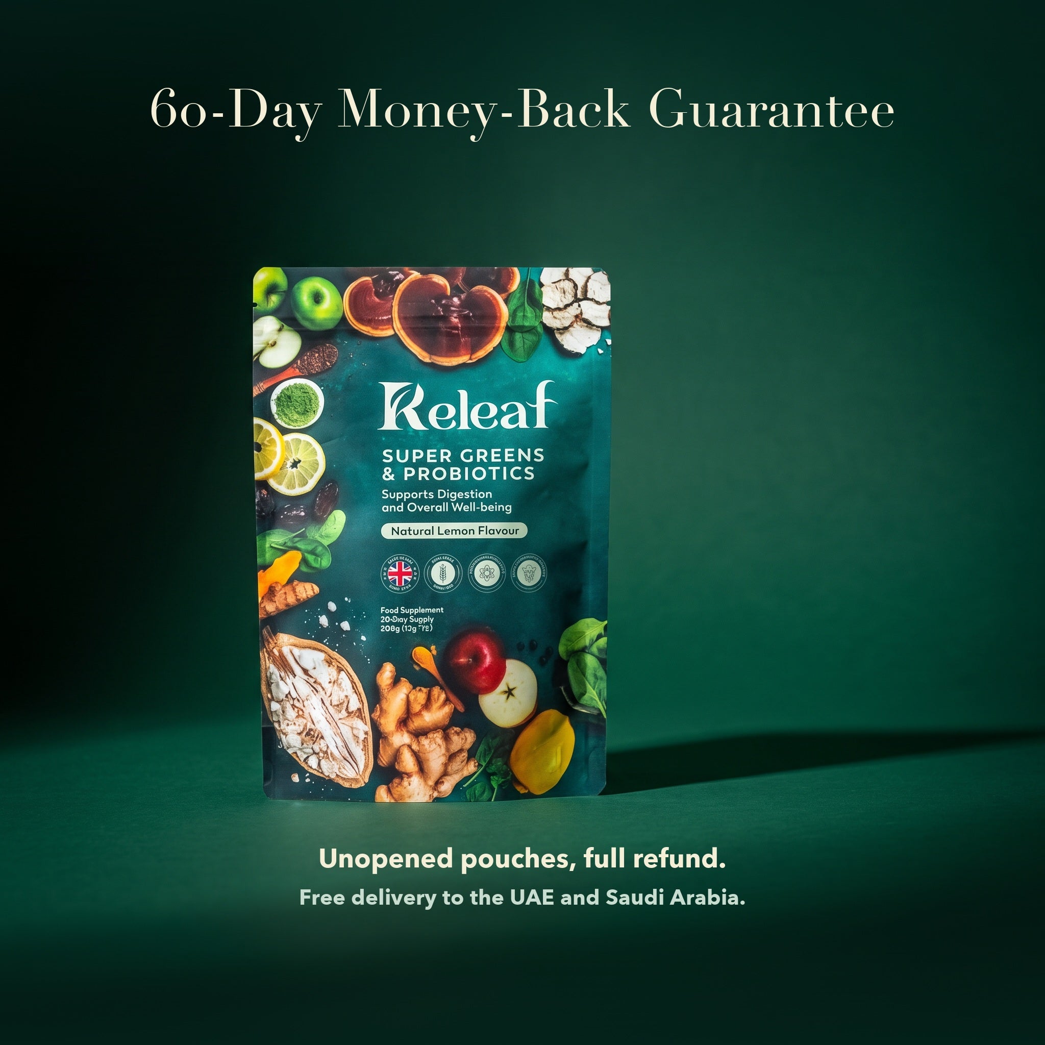 Releaf pouch on deep green. 60-day money-back guarantee on unopened pouches, free delivery to the UAE and Saudi Arabia