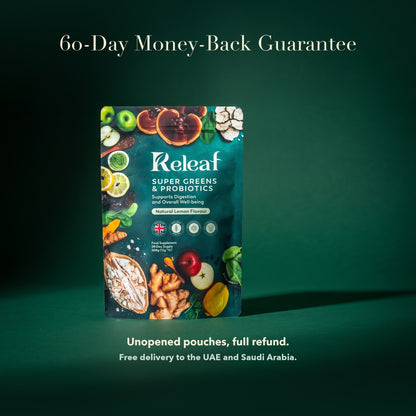 Releaf pouch on deep green. 60-day money-back guarantee on unopened pouches, free delivery to the UAE and Saudi Arabia