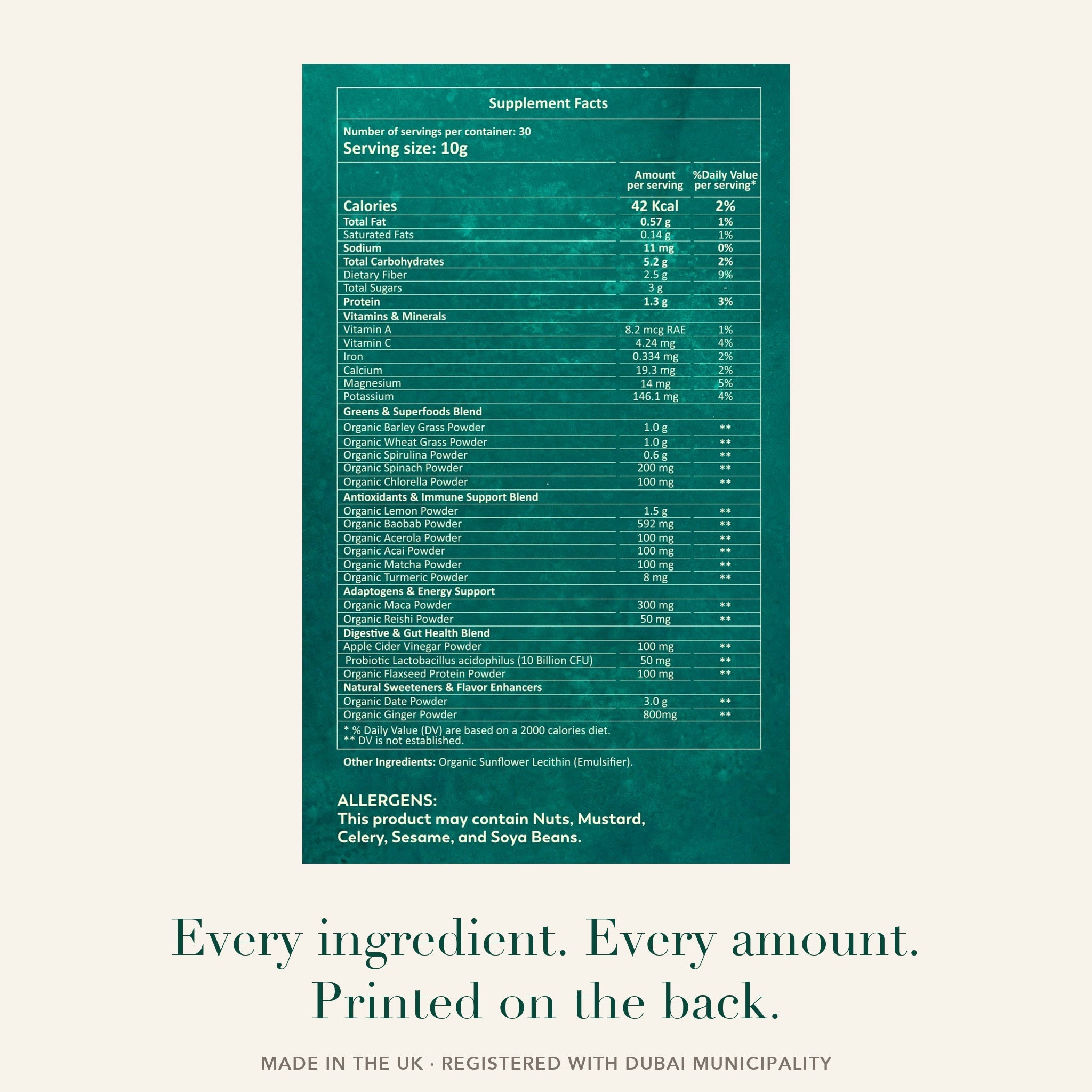 The full Releaf Supplement Facts panel. Every ingredient and every amount printed on the back. Made in the UK, registered with Dubai Municipality