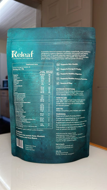 Back of Releaf Super Greens pouch showing full supplement facts and ingredient amounts
