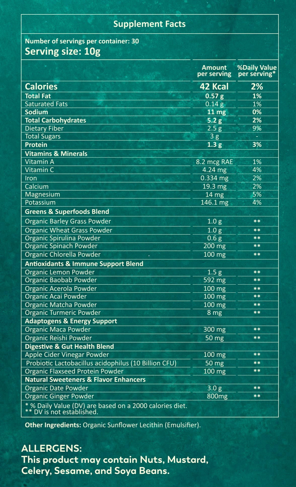 Back of Releaf Super Greens pouch showing full supplement facts and ingredient amounts