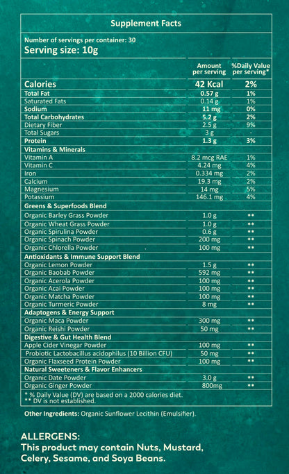 Back of Releaf Super Greens pouch showing full supplement facts and ingredient amounts